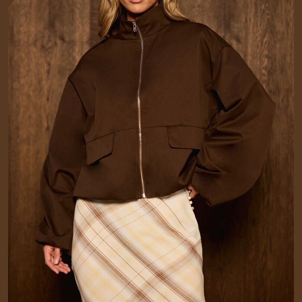 Brown Funnel Neck Oversized Zip Front Crop Blouson Jacket